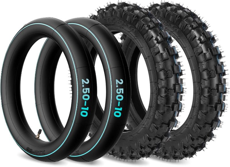 Photo 1 of 2.5-10" Off-Road Tire and Inner Tube Set, Dirt Bike Tire with 10-Inch Rim and 2.5/2.75-10 Dirt Bike Inner Tube Heavy Duty Compatiblewith Honda CRF50/XR50, Suzuki DRZ70/JR50, PW50(2 Set) ?

