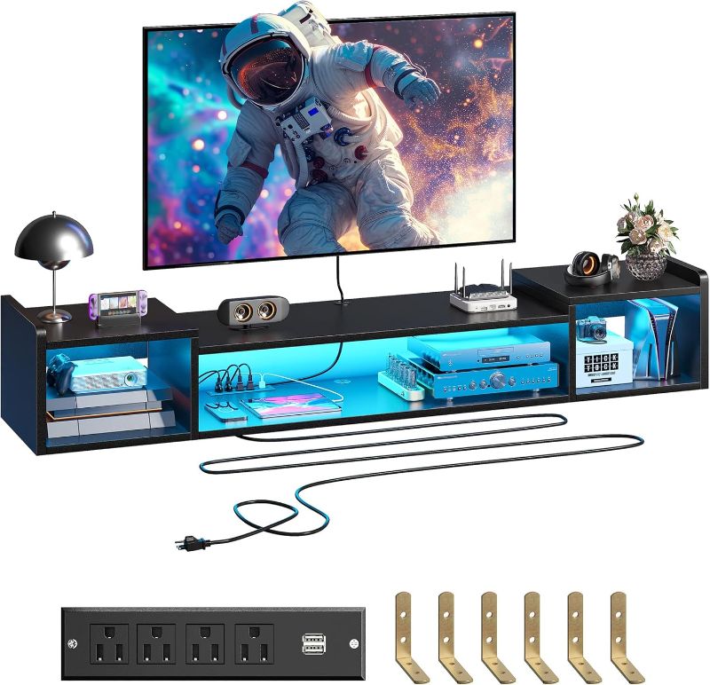 Photo 1 of 71" W Floating TV Stand with LED Lights & Power Outlets Wall Mounted Entertainment Center with Storage Long TV Stand for Bedroom, Wood Floating TV Shelf Under TV for Living Room, Black
