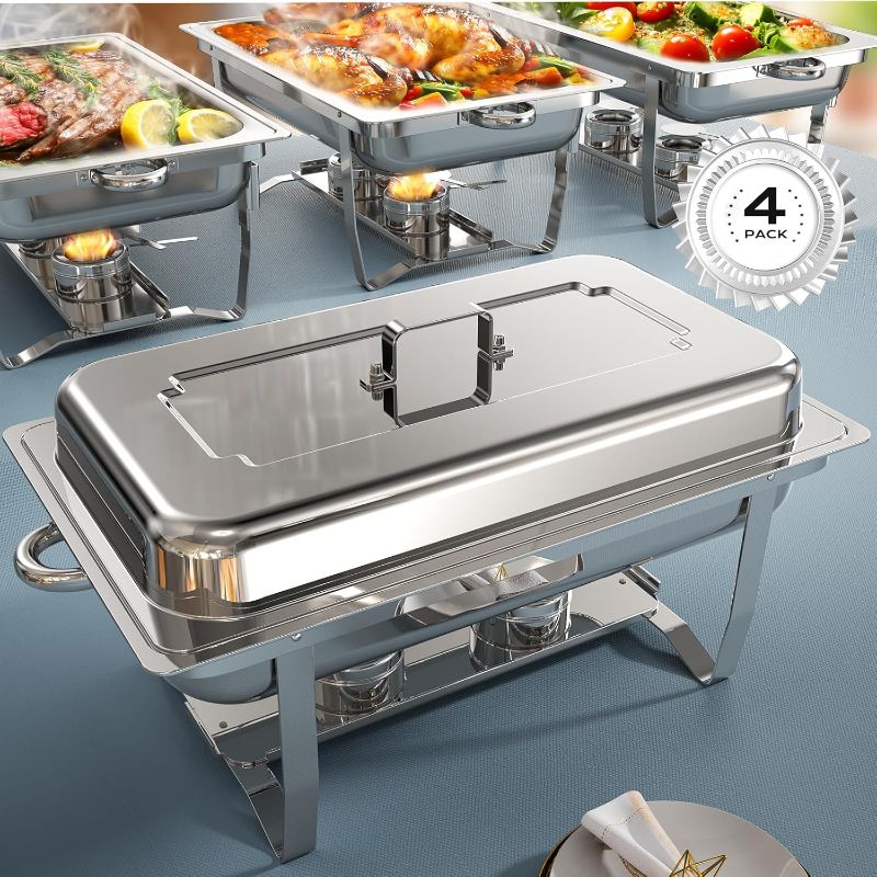 Photo 1 of Chafing Dishes for Buffet 4 Pack, [Ultrasonic Mirror Polishing] Chafing Dish Buffet Set 9QT, [Rolled Edge Finger Protection] Buffet Servers and Warmers for Any Party, Wedding, Birthday and Hotel

