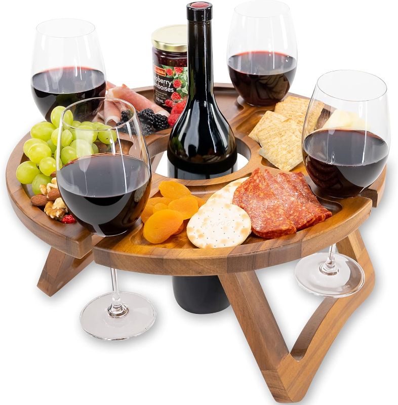 Photo 1 of Portable Wine Table - Keeps Wine Glasses & Bottle in Place - Outdoor Wine Table - Wine Picnic Table - Wooden Outdoor Folding Picnic Table with Glass Holder - Outdoor Folding Wine Table for Outside
