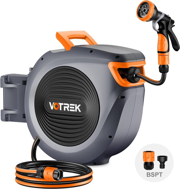 Photo 1 of Retractable Garden Hose Reel Outside [1/2 inch ×100 FT], VOTREK Automatic Rewind Wall Mounted Hose Reel [Heavy Duty] with Any Length Lock, 180° Swivel Bracket, 9 Modes Nozzle for Watering Cleaning

