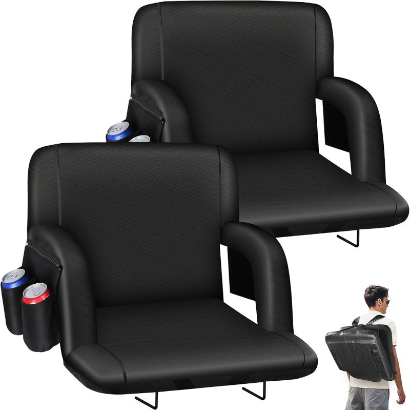 Photo 1 of Stadium Seats with Back Support - 2.6''Thick Padded Bleacher Seat,6 Reclining Positions, Foldable Armrests, 3 Pockets, Steel Bleacher Hooks,Portable Strap for Sport Events, Beaches [2 PCS]
