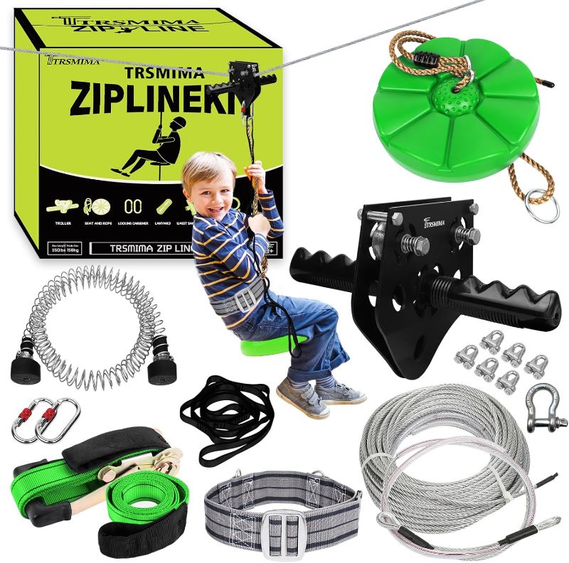 Photo 1 of TRSMIMA Zipline Kit for Kids and Adult 200ft Zipline with Spring Brake Safety Harness Zip line Trolley Ratchet Tighten System Support 330 lbs
