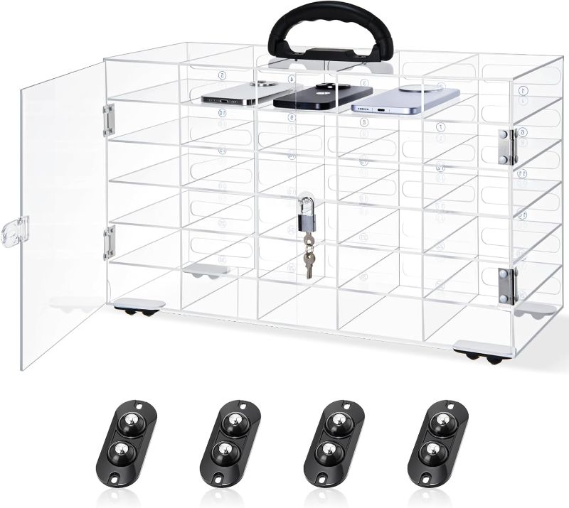 Photo 1 of 30 Slots Cell Phone Locker Box for Classroom Pocket Chart Cell Phones Storage Cabinet with Handle and Adhesive Wheels Storage Acrylic Wall Mounted Locker for Employee Office School Factory
