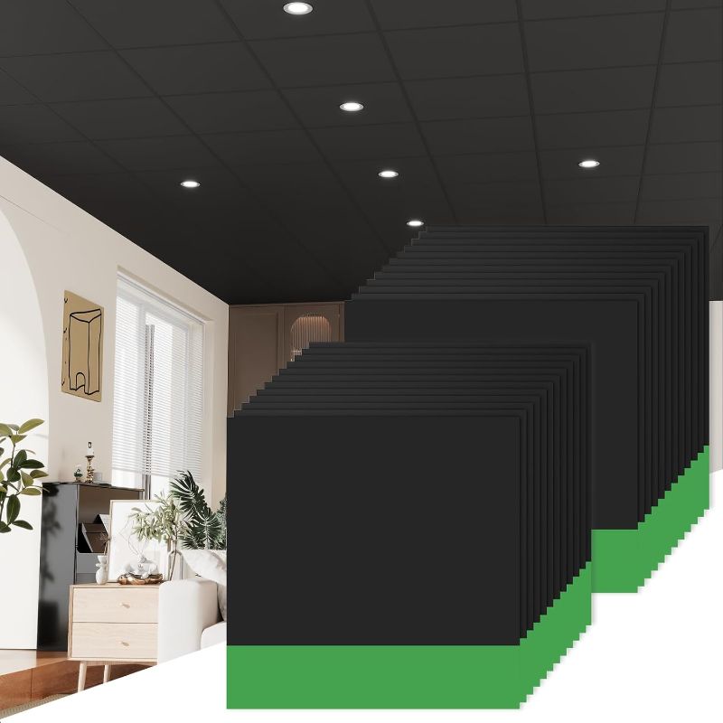 Photo 1 of 24 PCS 24" x 24" Black Drop Ceiling Tiles, 2ft x 2ft PVC Smooth Ceiling Panels - Waterproof, Fire-Rated to Prevent Breakage - Cover 96 Sq.Ft

