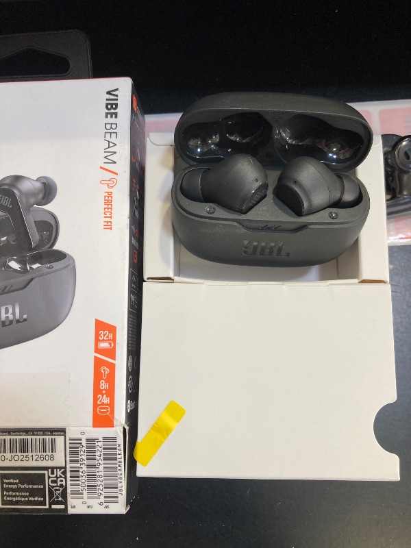 Photo 1 of JBL Vibe Beam - True Wireless JBL Deep Bass Sound Earbuds, Bluetooth 5.2, Water & Dust Resistant, Hands-free call with VoiceAware, Up to 32 hours of battery life (Black)