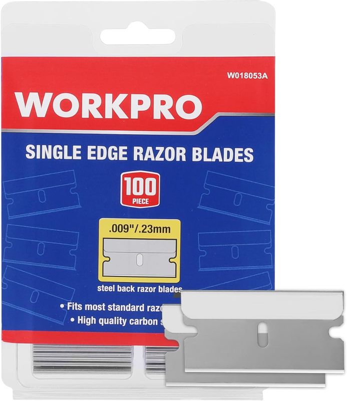 Photo 1 of WORKPRO 100-Pack Single Razor Edge Blades, Industrial Scraper Razor Blades, High Carbon Steel One Edge Razor Blades