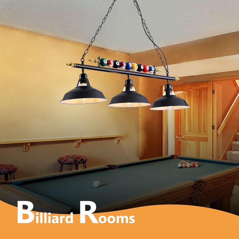 Photo 1 of 3-Light Billiard Pool Table Lights Hanging Over Pool Table, Black Matte Metal Shades with Billiard Ball Decor, for Billiards Room, Snooker Table, Kitchen Island
