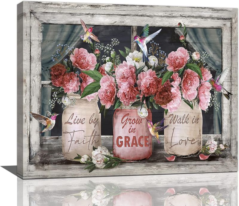 Photo 1 of Farmhouse Canvas Wall Art Rusitc Pink Rose Wall Decor Flower Mason Jar Hummingbird Pictures Painting Prints Framed Decor Country Home Artwork for Bedroom Bathroom Living Living Room 16"x20"
