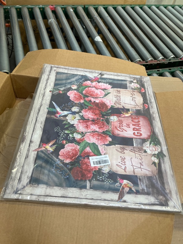 Photo 1 of Farmhouse Canvas Wall Art Rusitc Pink Rose Wall Decor Flower Mason Jar Hummingbird Pictures Painting Prints Framed Decor Country Home Artwork for Bedroom Bathroom Living Living Room 16"x20"
