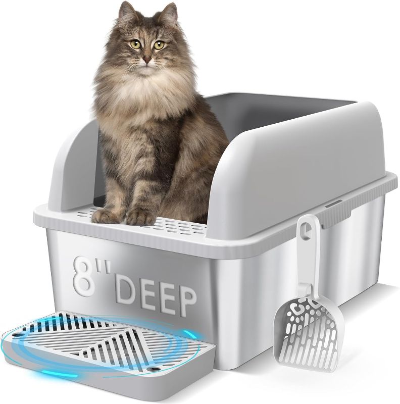 Photo 1 of 8" Deep Stainless Steel Cat Litter Tray with Lid Extra Large Litter Box for Big Cats XL Metal Litter Box Pan with High Wall Sides Enclosure, Non-Sticky, Anti-Leakage, Easy Cleaning
