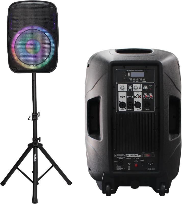 Photo 1 of Portable 15-Inch PA Speaker System DJ Amplified Loud Speaker with Stand Bluetooth/USB/SD Card Reader/FM Radio/Remote Control/LED Light, Good for Churches, Bands, Parties
