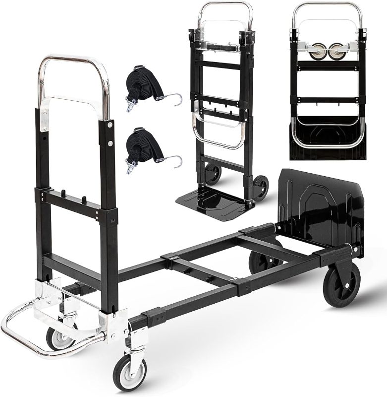 Photo 1 of Upgraded 3 in 1 Folding Hand Truck, 600lbs Capacity, Heavy Duty Convertible Dolly with Retractable Handle and 4 Rubber Wheels, Collapsible Cart for Moving Home, Office, Warehouse (Black)
