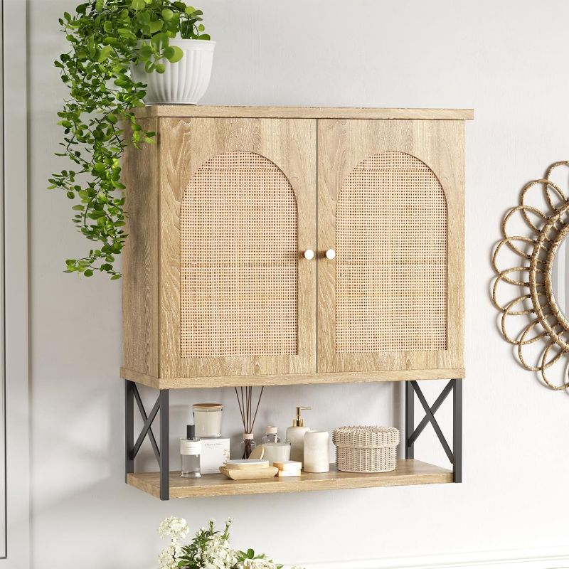 Photo 1 of Rattan Bathroom Wall Cabinet, Boho Medicine Wall Cabinet with Double Doors and Adjustable Shelves, Tall Kitchen Wall Mounted Storage Cabinet, Floating Space Saver Over Toilet, Natural
