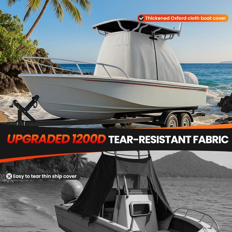 Photo 1 of 1200D Heavy Duty Waterproof T-Top Boat Center Console Cover with Motor Cover, Thick Tear-Resistant Marine Grade Polyester for T-Top Boat Center Console and Helm, 110" L x 60" W x 84" H, Gray
