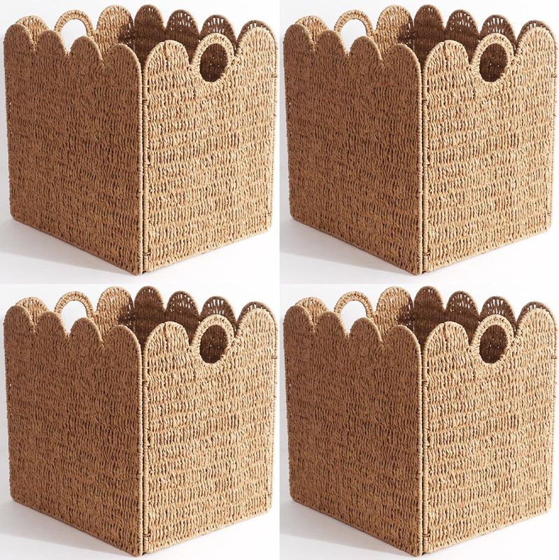 Photo 1 of Scalloped Wicker Storage Cubes Basket, 12”x12“ Heavy Duty Paper rope/Hyacinth/Seagrass Baskets for Shelves, Foldable Natural Boho Square Bins (Paper Rope, 12 x 12 x 12in, 4-Pack)
