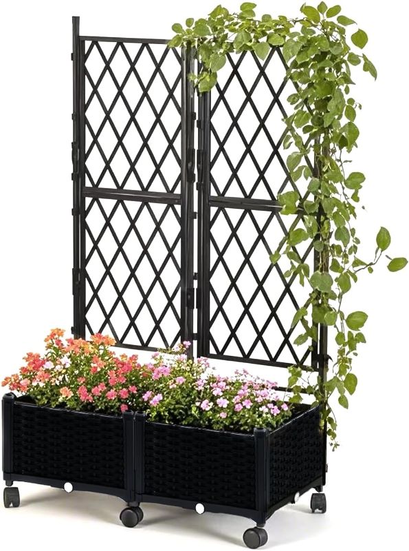 Photo 1 of lalahoni Planter with Trellis, 4ft Tall Trellis Planter Box with Lockable Wheels for Outdoor Plants Tomato Flower Vegetable Herb Vine, Resin Self-Watering Raised Bed with Drainage Hole, 2PC
