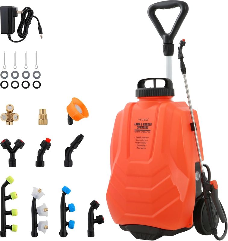 Photo 1 of Battery Powered Backpack Sprayer 4.2 Gallon,Adjustable Wheeled Cart, 0-94 PSI,6 Hours Long Battery Life,12V 8Ah Battery,Backpack Sprayer with 10 Nozzles for Weeding, Spraying, Cleaning
