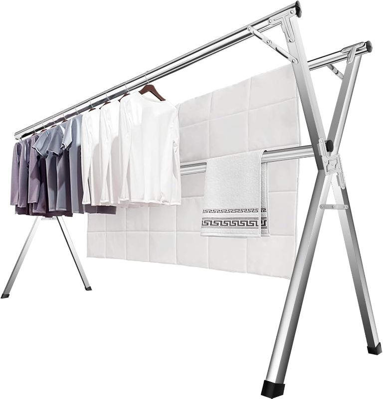 Photo 1 of JAUREE 63 Inches Clothes Drying Rack, Drying Rack Clothing Folding Indoor Outdoor, Heavy Duty Stainless Steel Laundry Rack, Foldable Portable Large Clothes Rack Garment Rack with 20 Windproof Hooks
