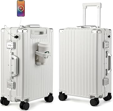 Photo 1 of MYER Hard Shell Carry On Luggage 22x14x9 Airline Approved,20 Inch Aluminum Luggage with 100% 3-Layer PC,Carry On Suitcases with Wheels,Cup Holder and USB Port (Milky White, 20 inch)