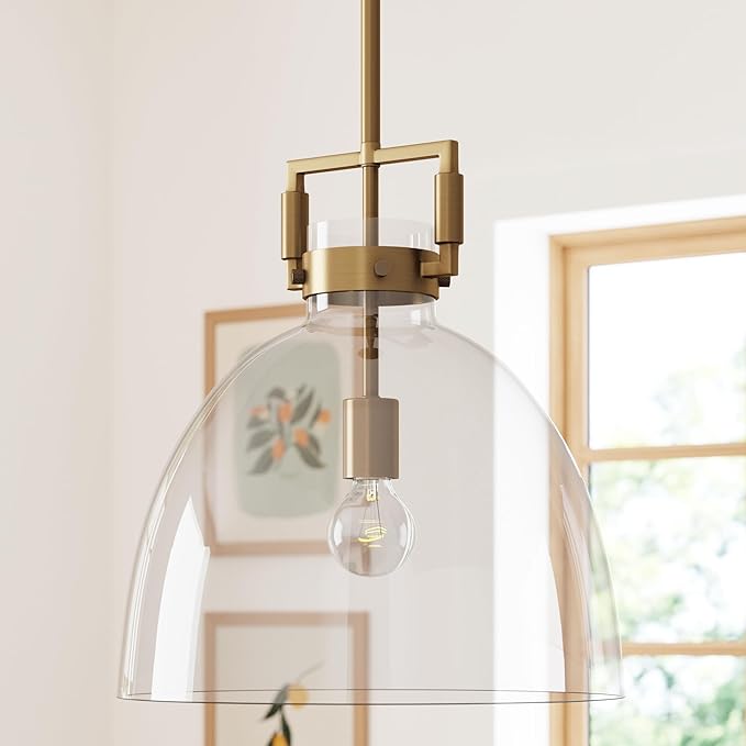 Photo 1 of Nathan James Leigh Pendant Lighting, Hanging Ceiling Light with Oversized Glass Shade and Adjustable Cord, for Kitchen Island or Entryway, Vintage Brass/Clear