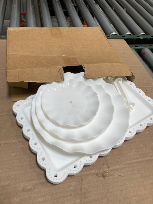 Photo 1 of 6 Pcs Cupcake Stand White Dessert Table Display Set 2 Pcs 3 Tier Plastic Cake Stand Holder 4 Pcs Dessert Serving Tray Cookie Platter Rack Tower for Tea Party Wedding Baby Shower