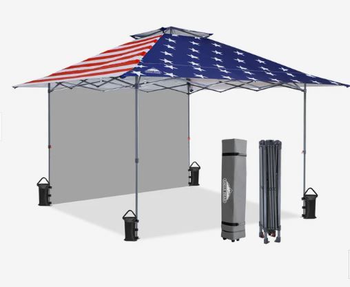 Photo 1 of EAGLE PEAK 13x13 Straight Leg Pop Up Canopy Tent Instant Outdoor Canopy Easy Single Person Set up Folding Shelter w/Auto Extending Eaves 169 Square Feet of Shade (American Flag)