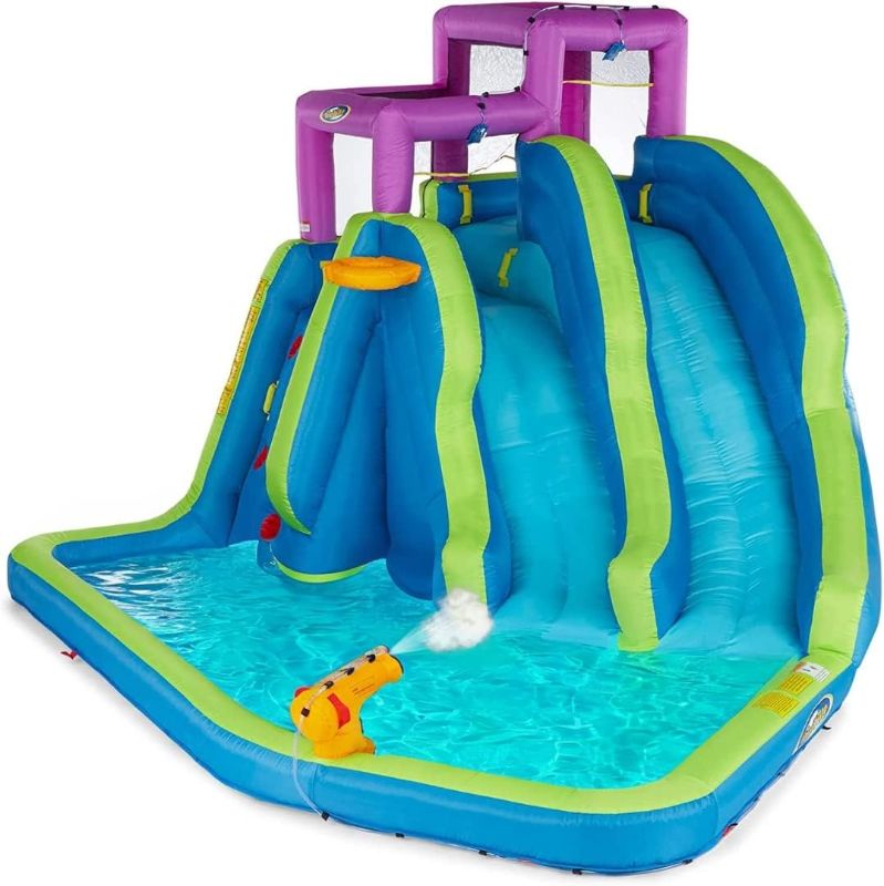 Photo 1 of Twin Falls 7-in-1 Inflatable Water Park for Kids with Blower, Includes Two Blow Up Water Slides, Climbing Wall, Splash Pool, Water Cannon and More for Outdoor Backyard Fun - Inflatable Water Slide