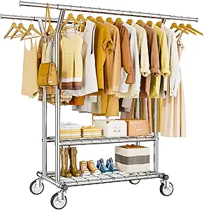 Photo 1 of Heavy Duty Clothes Rack, Rolling Clothing Rack With Shelves Load 620 LBS, Double Rod Clothing Racks for Hanging Clothes, Portable& Adjustable Clothes Rack with Wheels Garment Rack