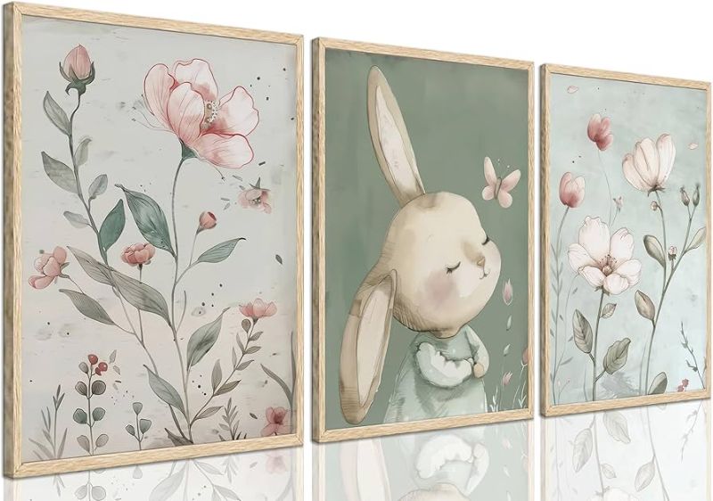 Photo 1 of 3Pcs Nursery Bunny Canvas Wall Art Cute Rabbit Botanical Flowers Wall Decor Green Nursery Pictures Posters Girl Bedroom Prints for Girls Room Baby Room Paintings Framed