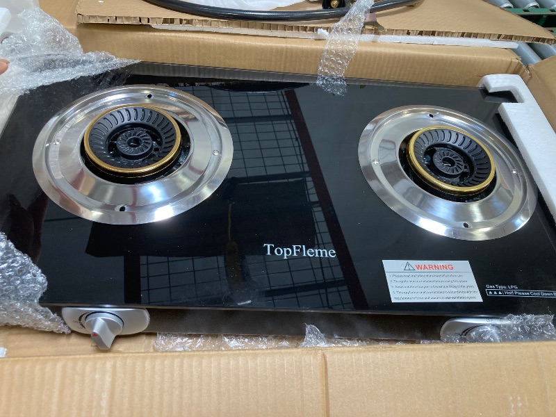 Photo 1 of 2 Burner Propane Stove 27,200 BTU High-Efficiency Tempered Glass Auto-Ignition Gas Burner Stove Top with CSA Hose for Outdoor RV Camping Emergency Cooking