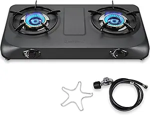 Photo 1 of 2 Burner Propane Stove 27,200 BTU High-Efficiency Tempered Glass Auto-Ignition Gas Burner Stove Top with CSA Hose for Outdoor RV Camping Emergency Cooking
