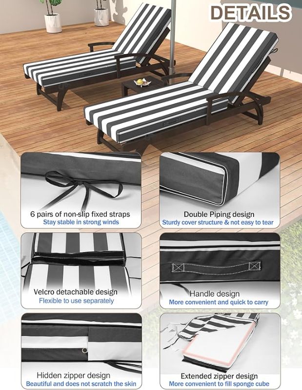 Photo 1 of Hsohriif 80 x26 x4 Inch Chaise Lounge Cushions Outdoor, 6 Ties and 2 Handles, Removable Waterproof Fade Cover, Patio Lounge Chair Cushion for Outdoor Lawn Deck Pool Furniture,2Pcs, Blue White Striped