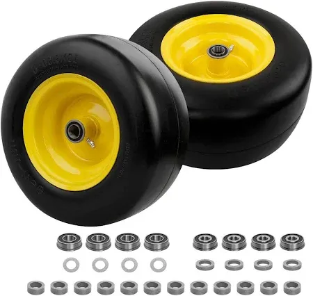 Photo 1 of RONPOW 13x6.50-6 Lawn Mower Tires Flat Free, Zero Turn Mower Front Tires for Residential and Commercial, 13x6.5-6 Flat Free Tire and Wheel, 3/4" & 5/8" Bearing, 3.25"-7.65" Center Hub, 2Pack Yellow