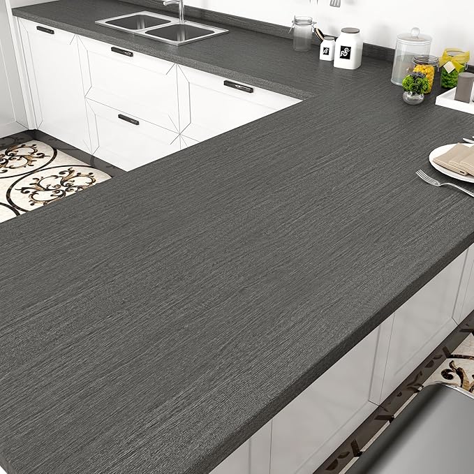 Photo 1 of WESTICK Grey Wood Contact Paper for Countertops Waterproof Wooden Wallpaper Peel and Stick Wood Grain Contact Paper Self Adhesive Wooden Countertop Vinyl Wrap for Cabinets Camper RV Dark Grey 24"x118"