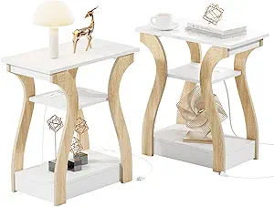 Photo 1 of End Table Set of 2 with Charging Station, Side Table with USB Ports and Outlets, Nightstand, 3 Tier End Table with Storage Shelf for Living Room, Bedroom (White Set of 2)