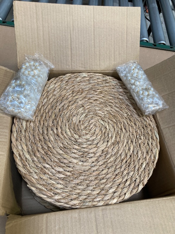 Photo 1 of 20 Pcs 12 Inch Round Woven Placemats with 20pcs Pearl Napkin Rings?Rattan Placemats Bulk Boho Woven Chargers Natural Water Hyacinth Place Mat for Wedding Party, Dinner Table