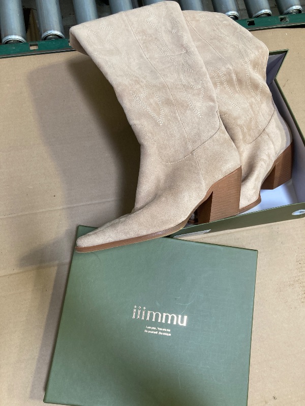 Photo 1 of Size 7.5--iiimmu Cowgirl Tall Boots Pointed Toe and Block Heel Cowboy Suede Boots with Embroidered, Beige, Size 7.5