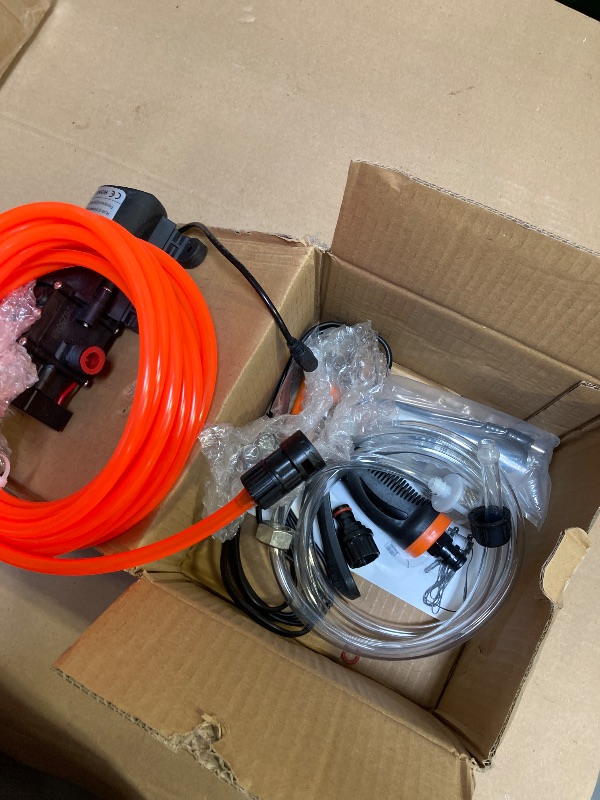 Photo 1 of Bang4buck Portable Intelligent Electric Pressure Washer Pump 100W 160 PSI 12V Portable Pressure Powerful Washing Kit with 21.3 Feet PVC Hose for Home, Car, Garden, Projects (100 W-Black Hose)