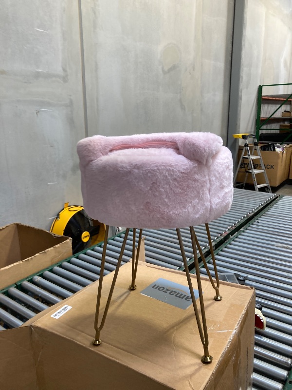 Photo 1 of  GREENSTELL Vanity Stool Chair with Storage and Folding Back, 13.4" x 15" x 30" Square Faux Fur Soft Ottoman, 4 Metal Legs with Anti-Slip Feet, Furry Padded Seat for Makeup, Bedroom, Pink 