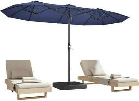 Photo 1 of 15ft Patio Umbrella with Base,Large Outdoor Double-Sided Rectangle Umbrella with Crank Handle, Market Umbrella for Poolside Garden Deck Backyard Beach Pools, Blue