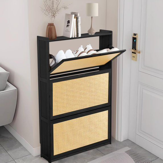 Photo 1 of Rattan Shoe Storage Cabinet for Entryway, Bamboo Slim Shoe Cabinet with 3 flip Drawers, Freestanding Shoe Organizer for Hallway, Narrow Space,Black