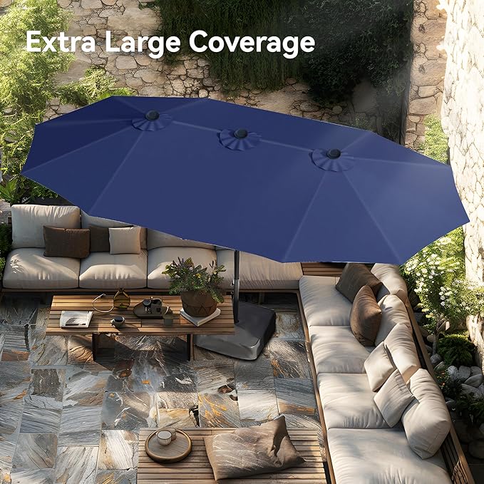 Photo 1 of 15ft Large Patio Umbrellas with Base Included, Outdoor Double-Sided Rectangle Market Umbrella with Crank Handle, for Pool Lawn Garden, Blue