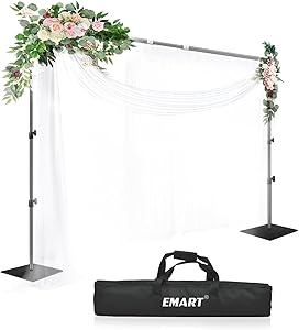 Photo 1 of EMART Backdrop Stand, 8.5ft Height 10ft Width Adjustable Photography Background Support Poles with Heavy Duty Flat Base, Photo Metal Steel Pipe and Drape Frame Kit for Parties Birthday Wedding - Black