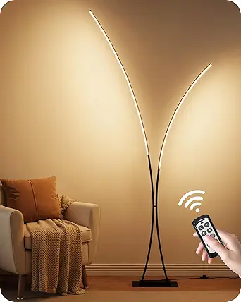 Photo 1 of GOEBLESON Modern 85.4" ARC Floor Lamp for Living Room, 2 Lights Arched Standing Tall Lamp with Remote, Bright Curved Lamp, Dimmable LED Corner Light for Bedroom, Office, Den, Black, B61LD05