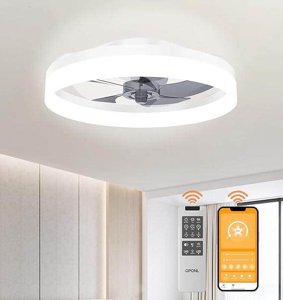 Photo 1 of 19.7" White Ceiling Fan with Light and Remote, Dimmable, 3000k-6000k 6CCT, 6 Winds Speeds, Flush Mount, Low Profile, Bladeless Ceiling Fan for Bedroom
