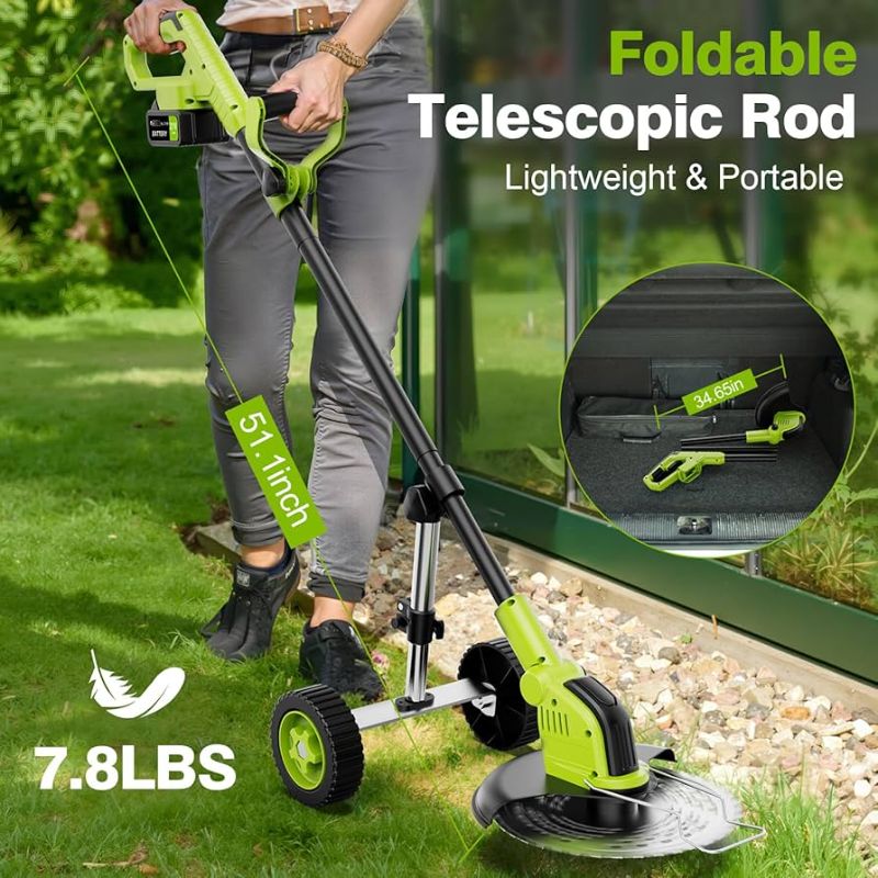 Photo 1 of Kihoplly 20000 RPM Electric Weed Wacker with Wheel, 2 * 3000mAh Battery, 5 Blade, 12? Brushless Cordless 4-in-1 Brush Cutter/Weed Eater/Grass Trimmer, Electric String Trimmer 2 Batteries and Charger
