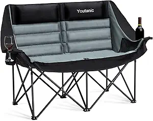 Photo 1 of Oversized Camping Chair, Double Folding Loveseat Camping Couch with Pocket, Cup Holder and Carry Bag, Heavy Duty Portable Camping Chairs for Adults, Fishing, Sports, Trip, up to 660lbs, Black