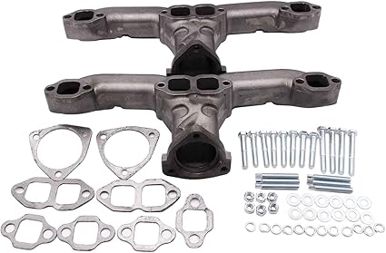 Photo 1 of 1 SET SHLPDFM Ground smooth Plain Rams Horn Exhaust Manifolds WITH all gaskets and hardware Compatible with Small Block Chevy SBC 283 305 327 350 400