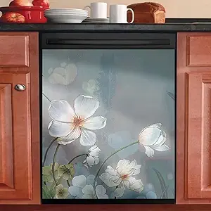 Photo 1 of Blooming White Flowers Dishwasher Cover Decorative Magnet Dishwasher Covers for The Front Dishwasher Door Magnet Cover Sticker for Dishwasher Magnetic Dishwasher Cover Panel Decals for Kitchen